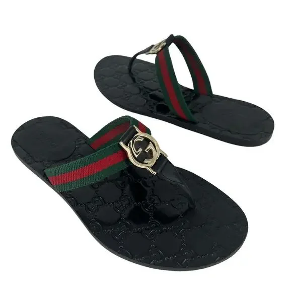 【GUCCI】 Black Gg Fabric Slippers Gucci // Black & Multi GG Web Sandal – VSP Consignment